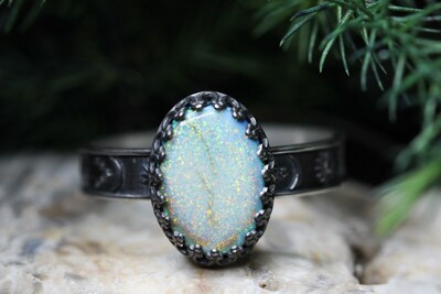Opal Ring * Solid Sterling Silver Ring* Celestial Pattern Band * Full Moon * 14x10mm* Monarch Opal *  Any Size - image5